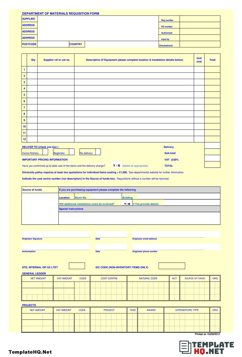 Department of Materials Requisition Form