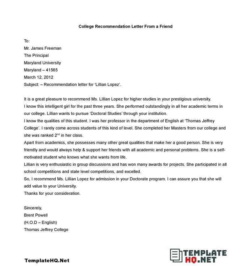 Scholarship Recommendation Letter From Friend from www.templatehq.net