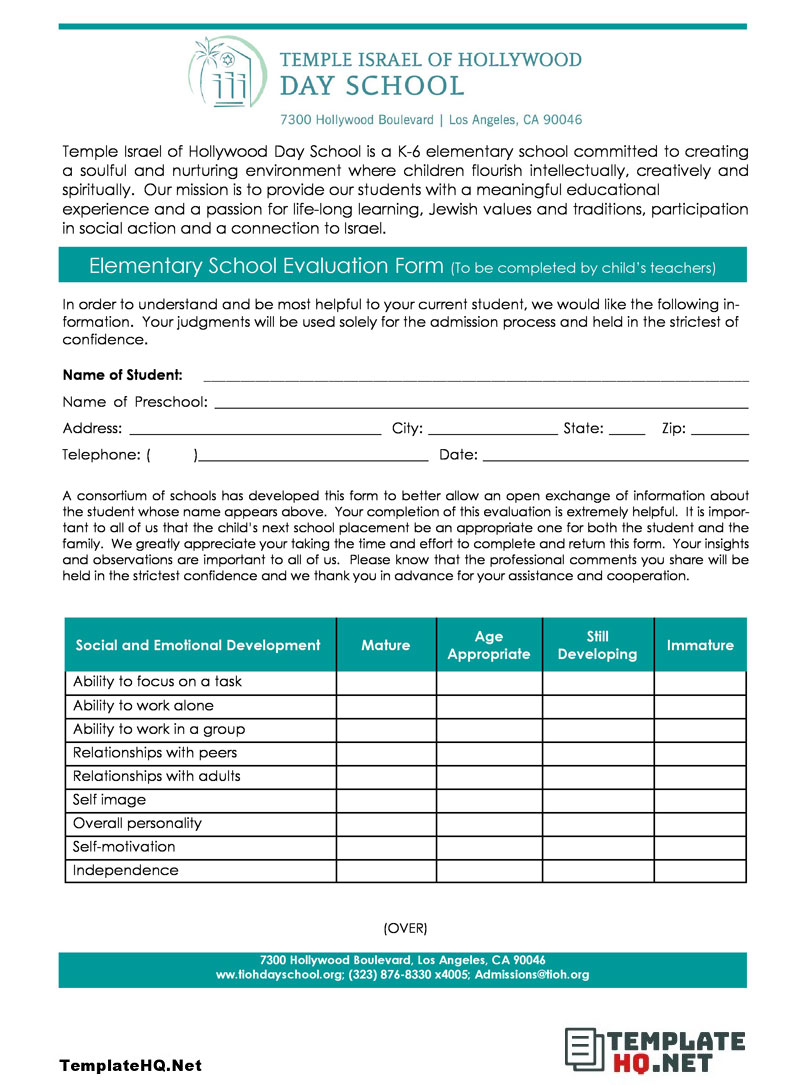 Elementary Student Evaluation Form