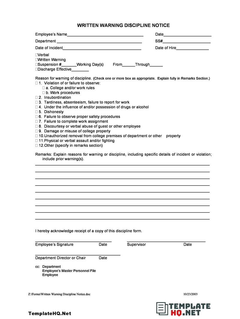Employee Written Warning Discipline Notice Employee Written Warning Discipline Notice