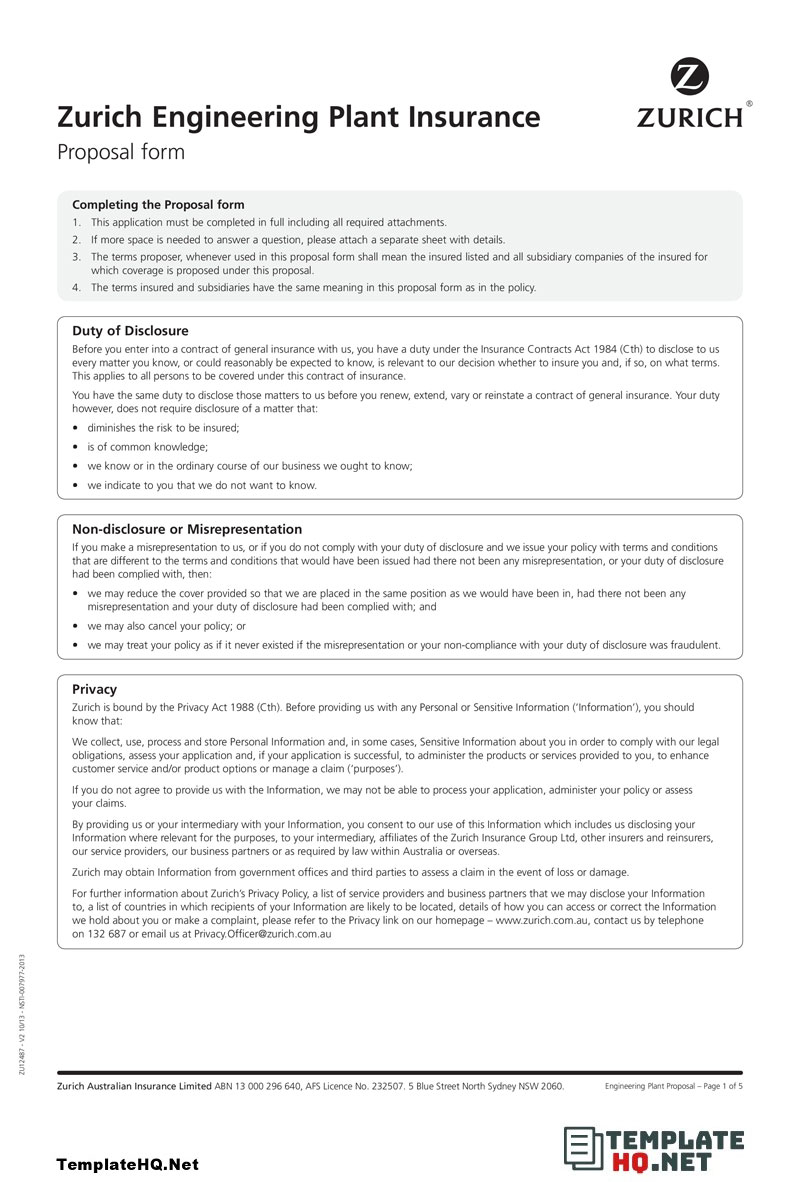 Engineering Plant Insurance Proposal Form