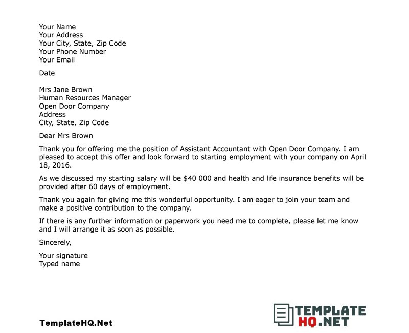 Formal Job Acceptance Letter Formal Job Acceptance Letter