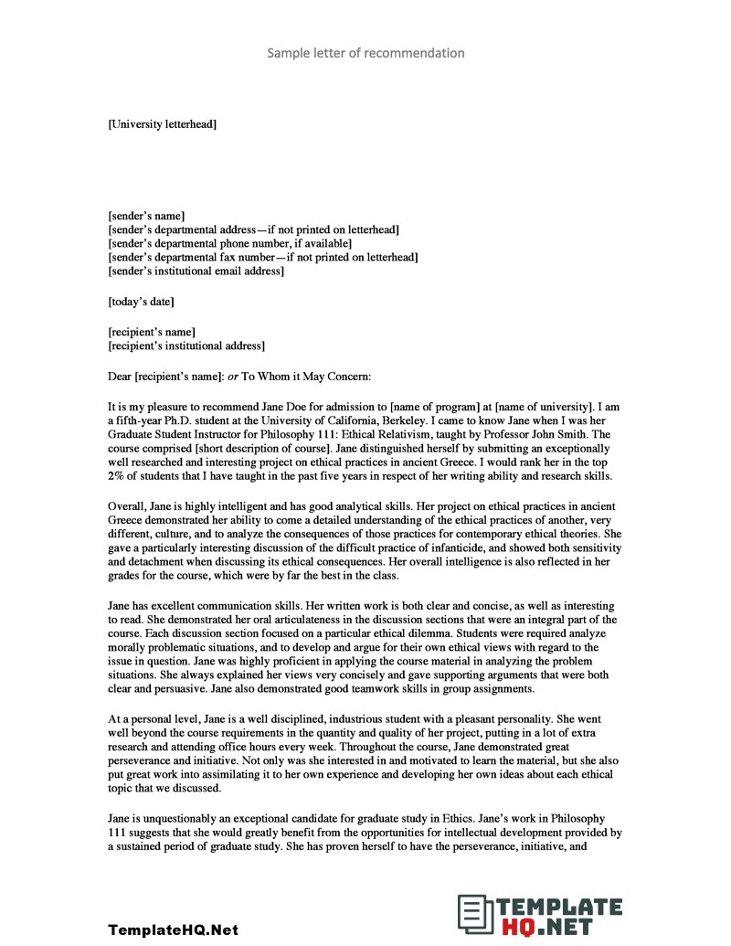 Graduate School Recommendation Letter Sample Template Graduate School Recommendation Letter Sample Template