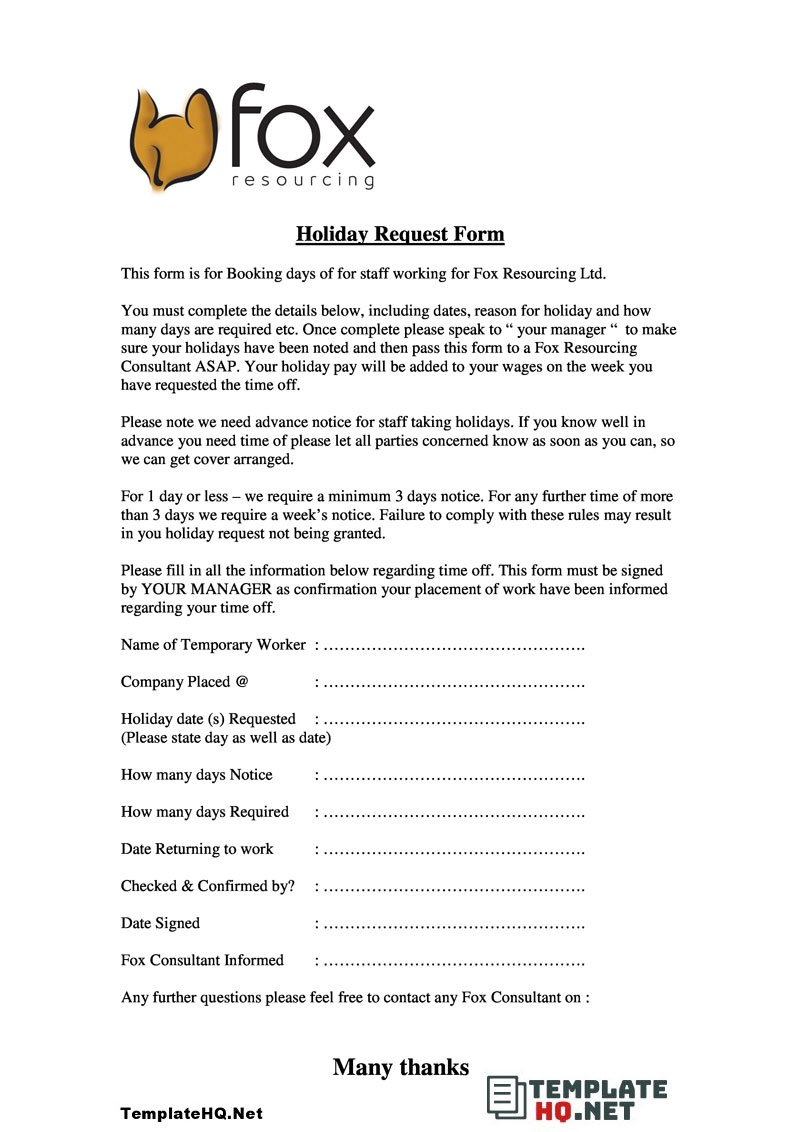 Holiday Request Form Example Holiday Request Form Example