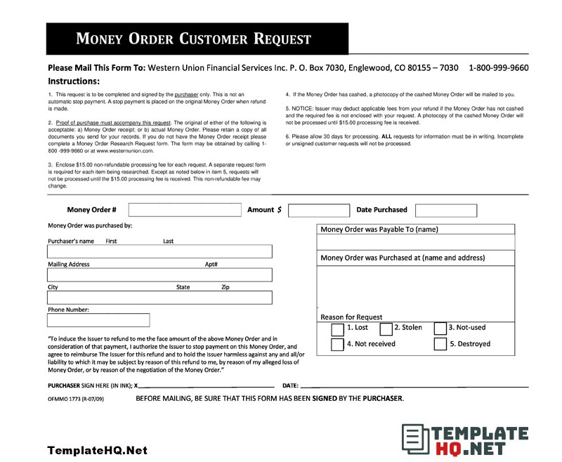 Money Order Customer Request Form Money Order Customer Request Form