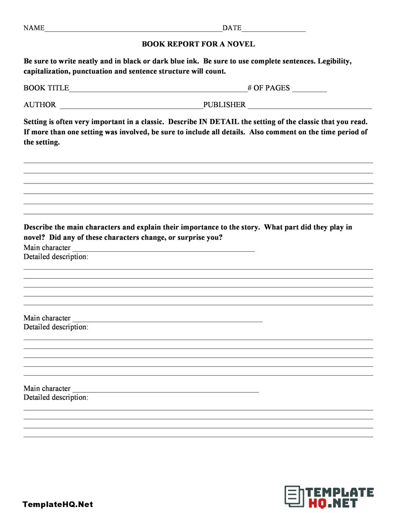 Novel Book Report Form Novel Book Report Form