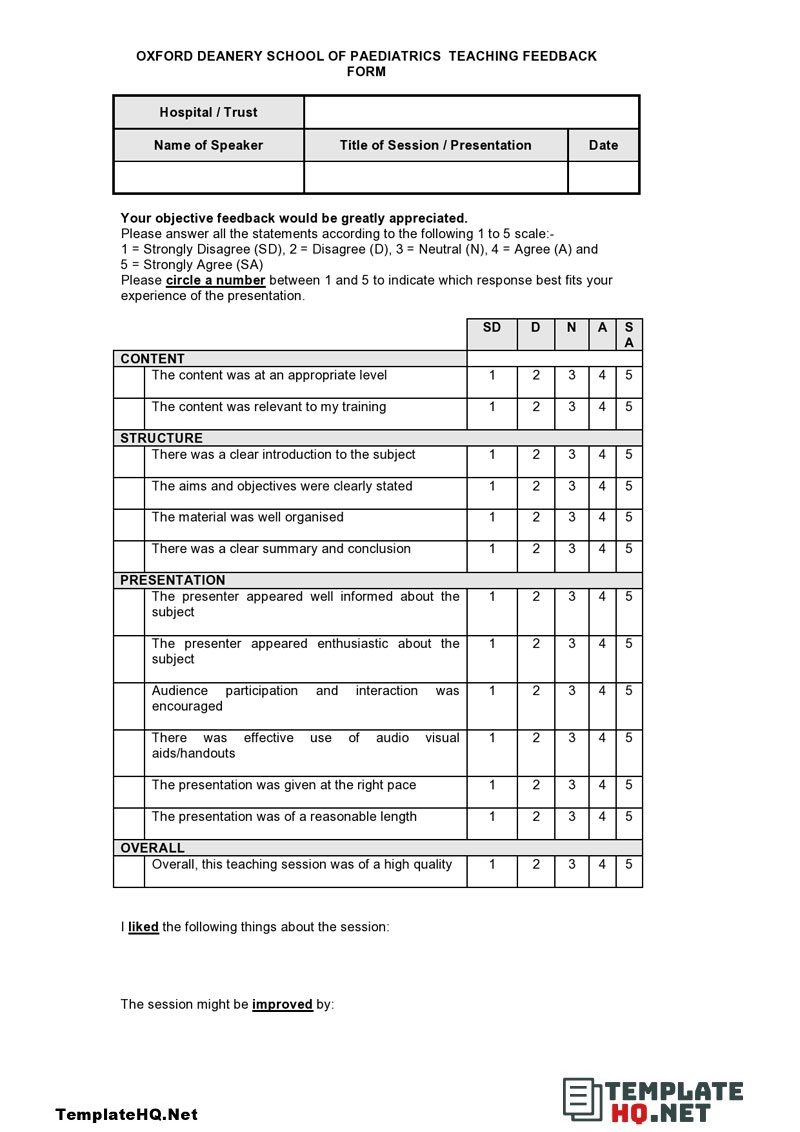 Oxford Deanery School of Pediatrics Teaching Feedback Form Oxford Deanery School of Pediatrics Teaching Feedback Form