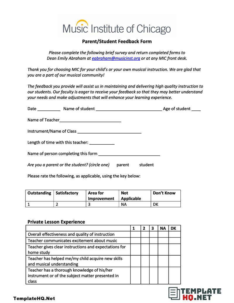 Parent Feedback Form for Teacher 1