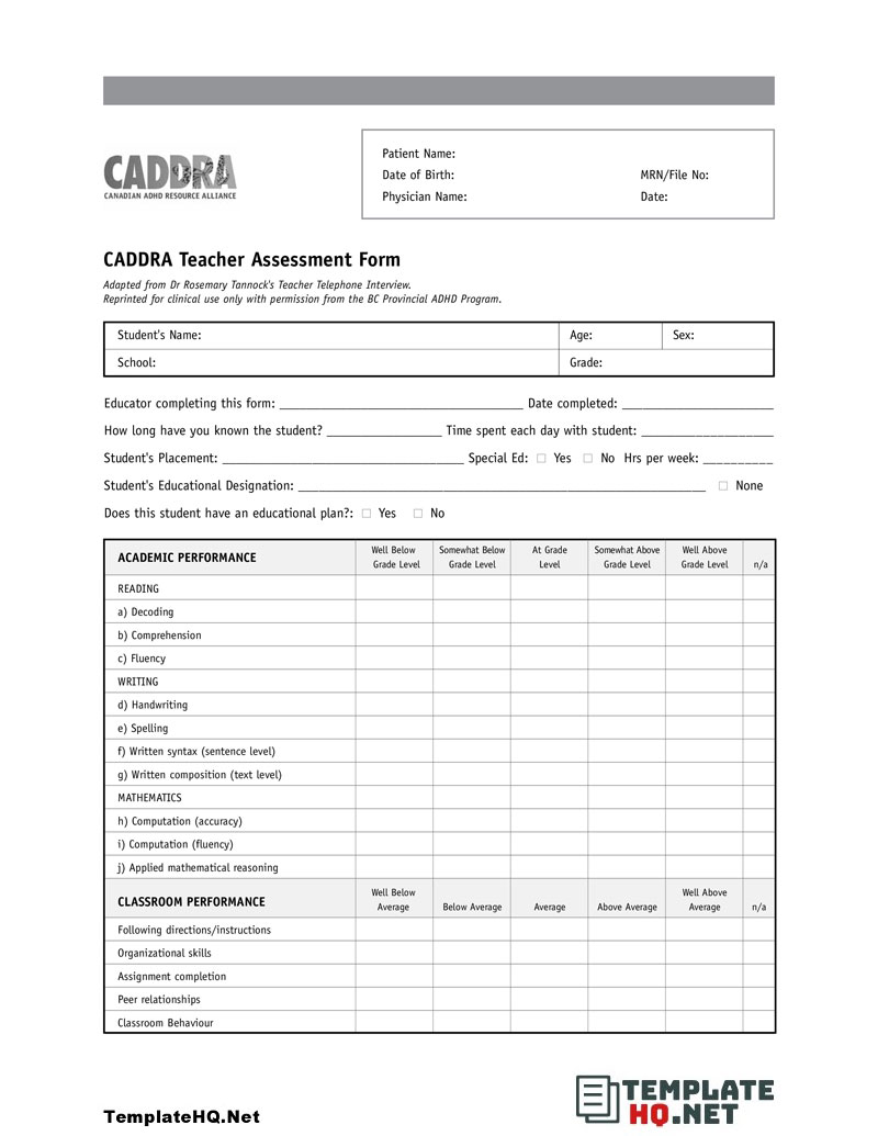 Printable Teacher Assessment Form