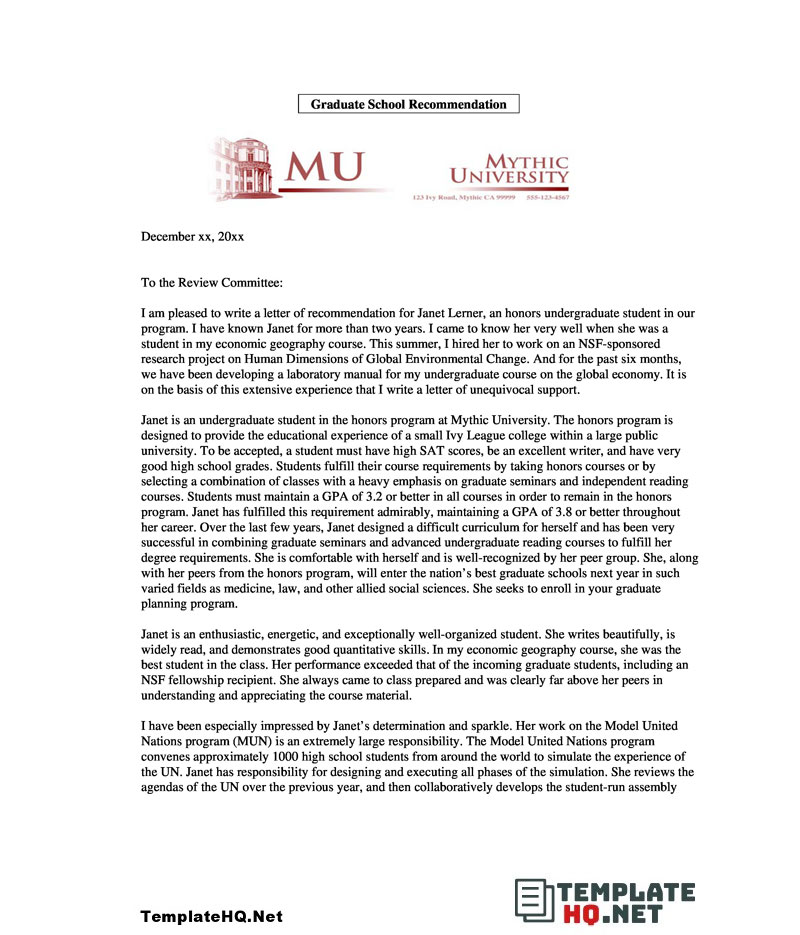 Recommendation Letter for Graduate Student