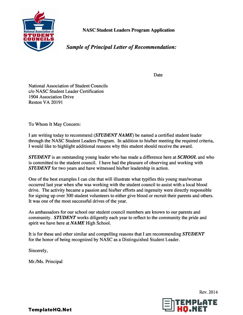 Recommendation Letter for Student Council