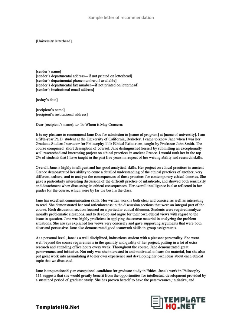 Recommendation Letter for University