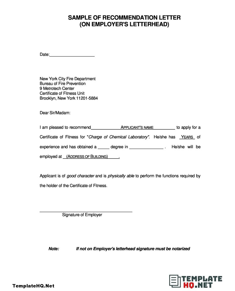 Recommendation Letter from Employer to Employee