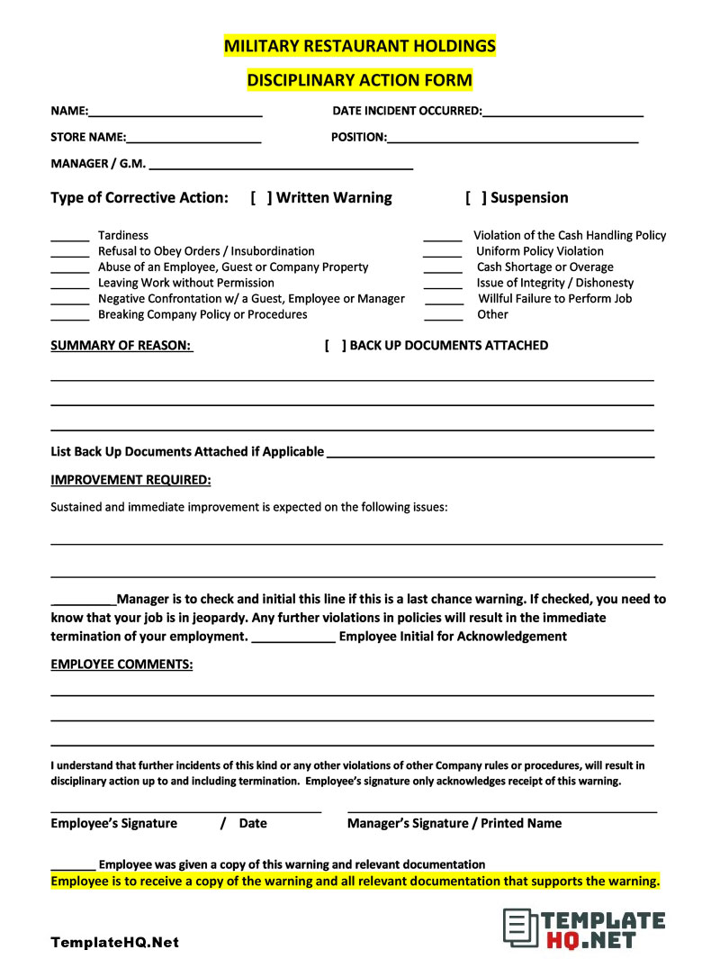 Restaurant Disciplinary Action Form Restaurant Disciplinary Action Form