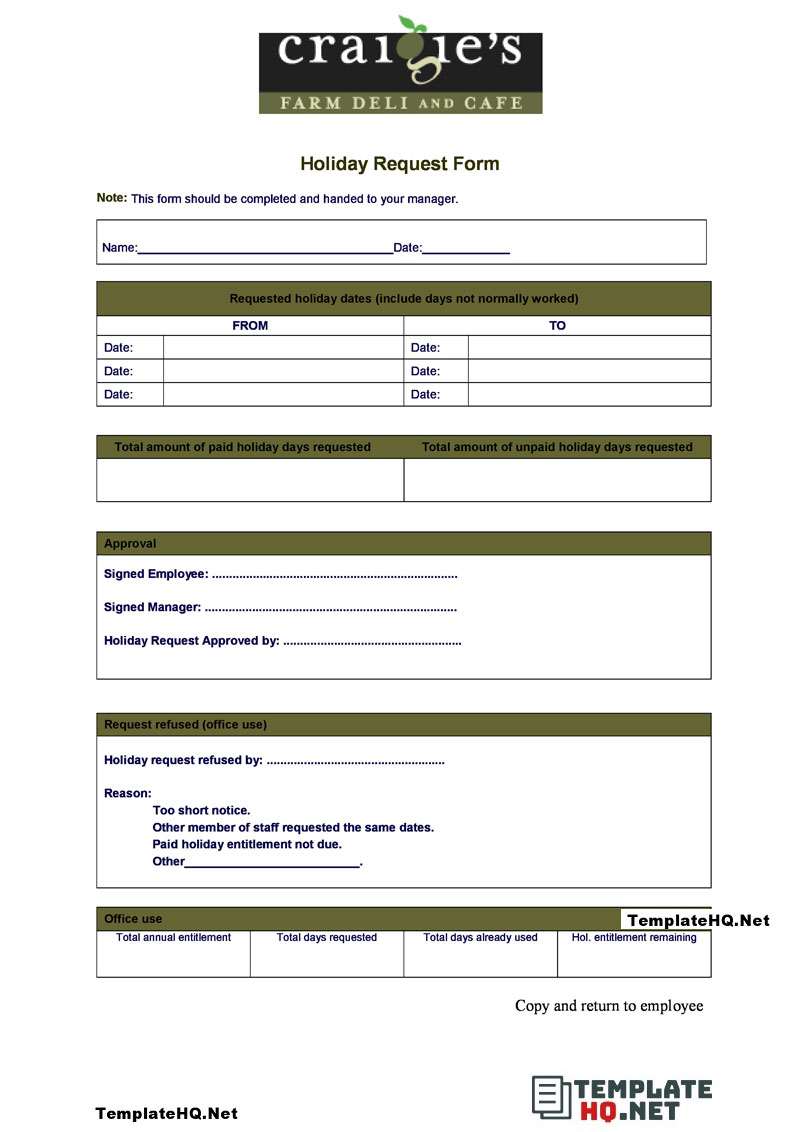 Sample Holiday Request Form Sample Holiday Request Form
