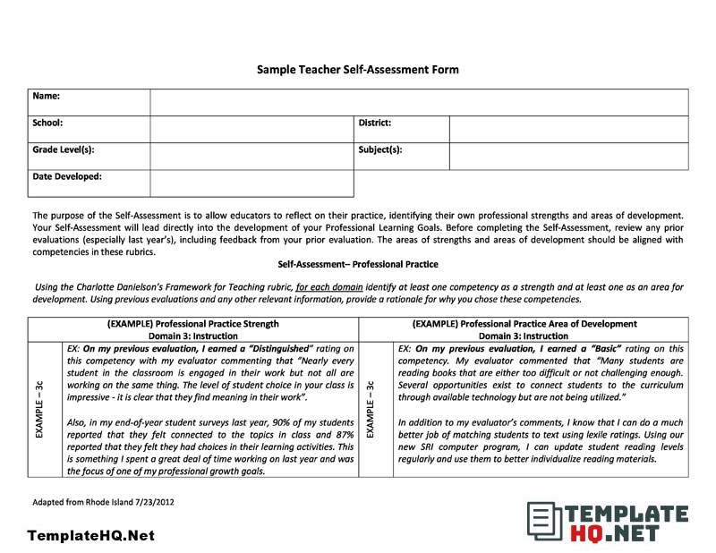 Sample Teacher Self Assessment Form Sample Teacher Self Assessment Form