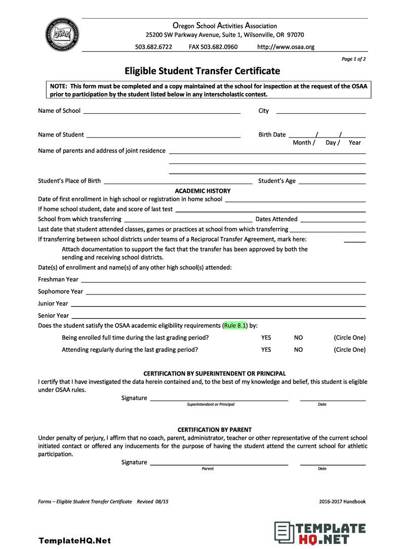 School Transfer Certificate Form School Transfer Certificate Form
