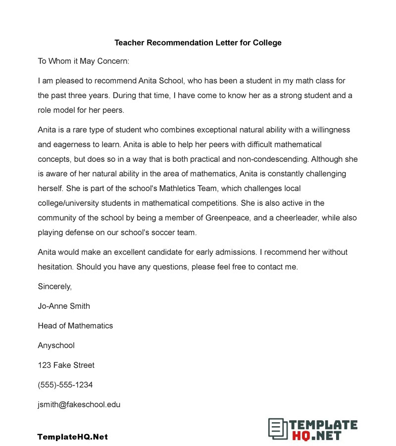 Teacher Recommendation Letter for College in Word