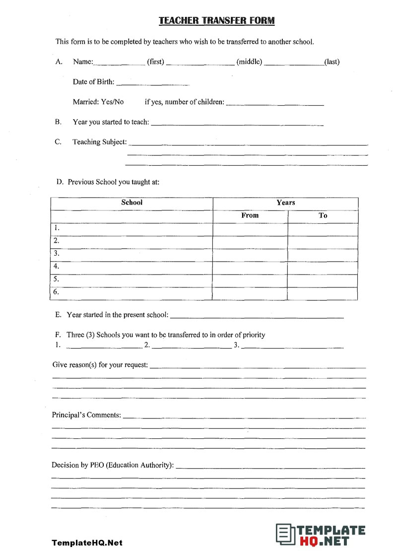 Teacher Transfer Form Teacher Transfer Form