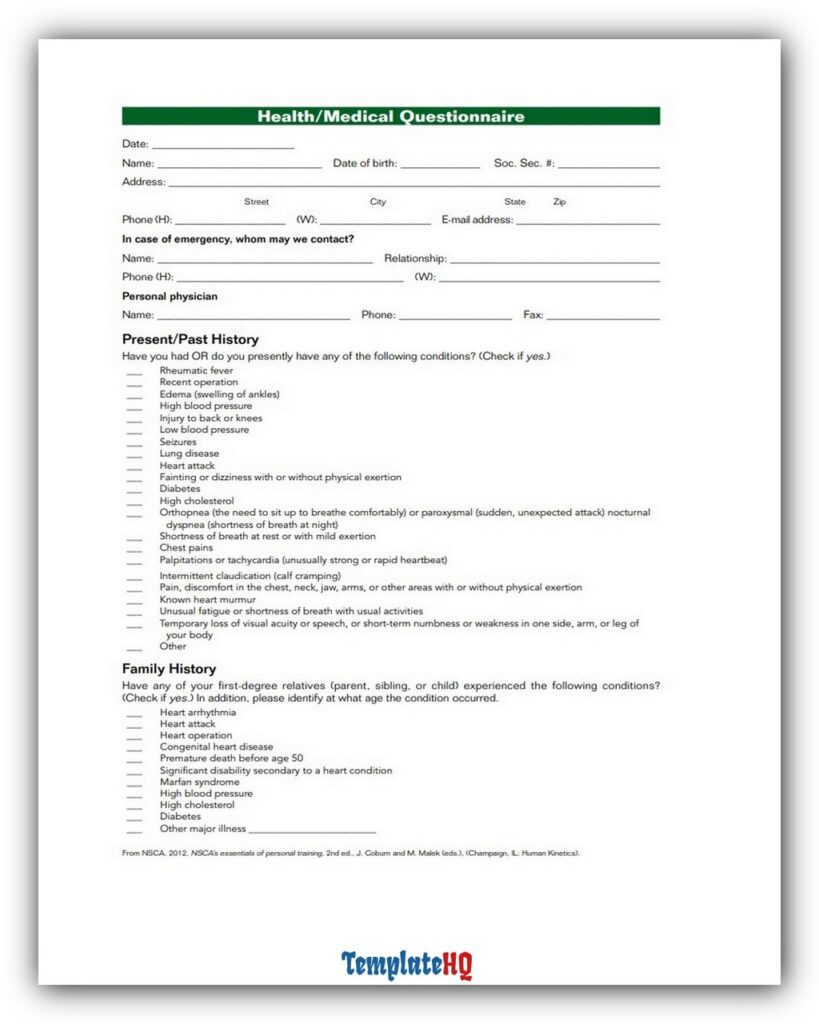 Medical Questionnaire Form Medical Questionnaire Form