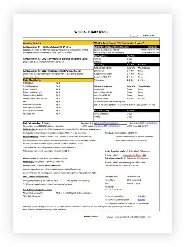 Wholesale Rate Sheet Template