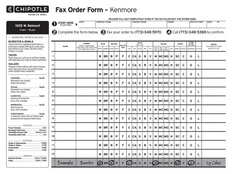 Chipotle Fax Order Form Kenmore