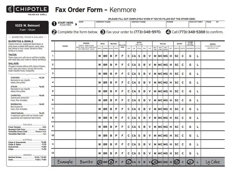 Chipotle Fax Order Form Kenmore Chipotle Fax Order Form Kenmore
