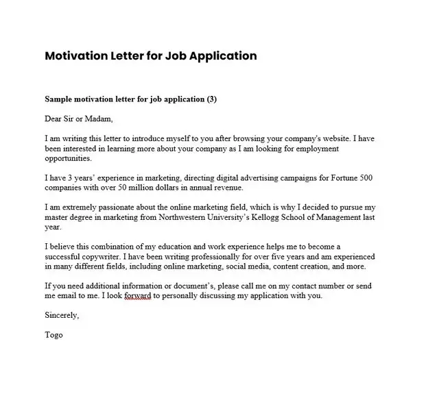 Motivation Letter for Job Application 03