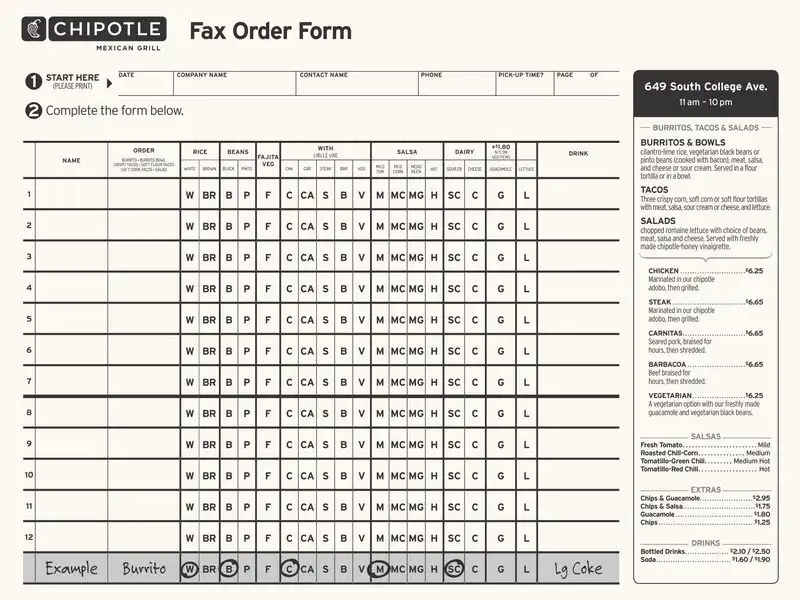 fax order form chipotle menu pdf