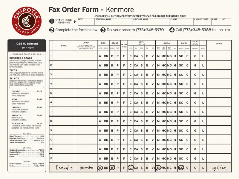 fillable chipotle menu order form printable pdf